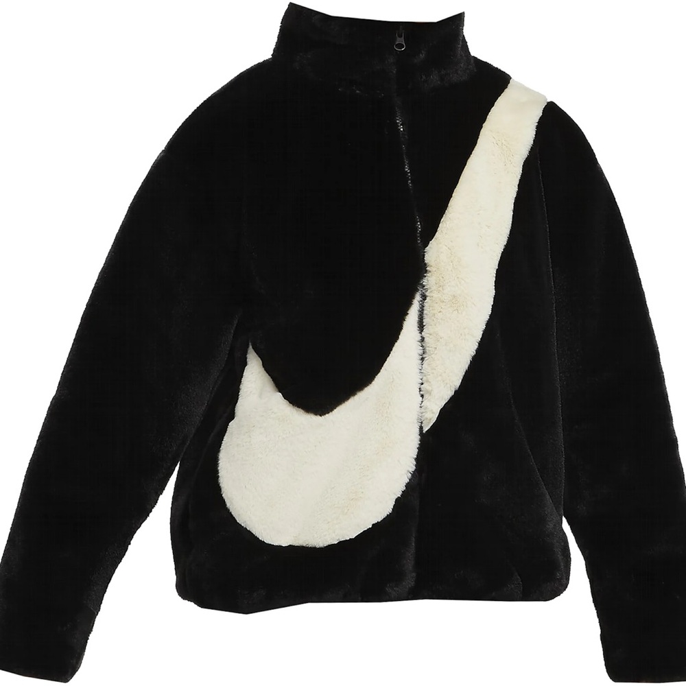 SOLD Nike black & white oversized swoosh faux fur teddy jacket NWOT